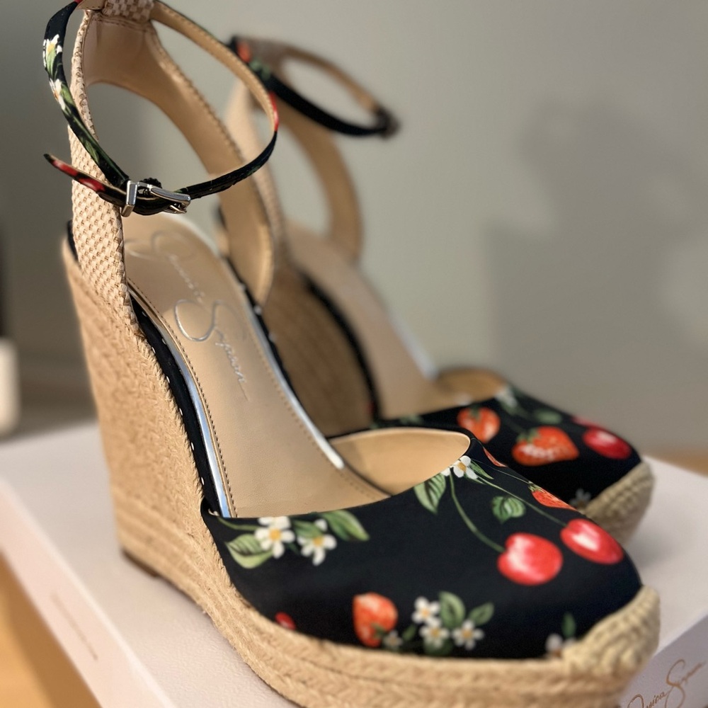 Women's Navy Blue Floral Cherry 🍒 Strawberry 🍓 Strap Wedge Heels